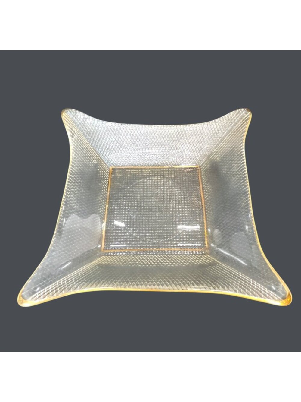 VTG MCM Square Textured Atomic Era Pressed Glass Trinket Caddy Waffle Gold Trim